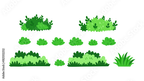 Set of cartoon bushes in flat style. Collection green plants and black silhouettes, isolated on white background. vector icon
