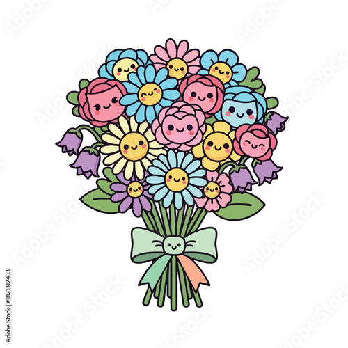 Colorful Cartoon Flower Bouquet with Smiling Faces