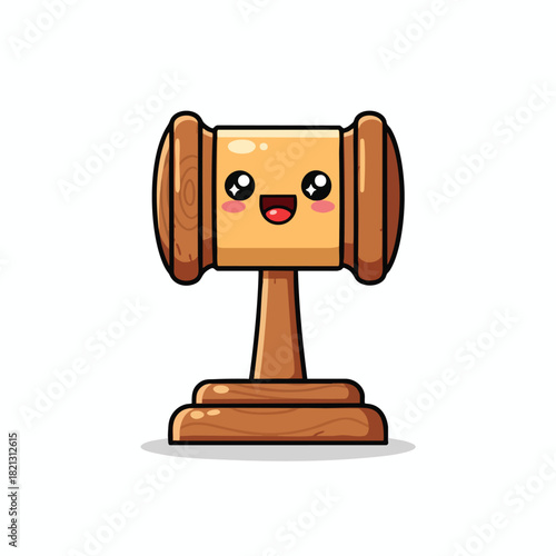 Cartoon judge gavel with smiling face on white background