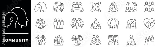 Community vector icons. Thin line icons set related to community and society. Family, human, team, community, friends, population symbols