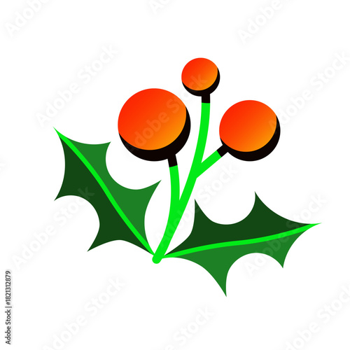 Abstract Holly Branch with Red Berries and Green Leaves.