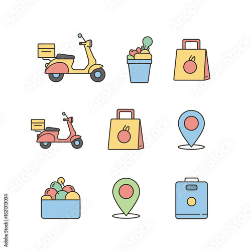 A collection of colorful line icons representing online grocery shopping and fast food delivery service concepts