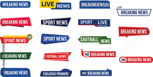 Broadcast news banner collection, breaking news graphics, live TV labels, sport update ribbons, HD media tags, vector flat design