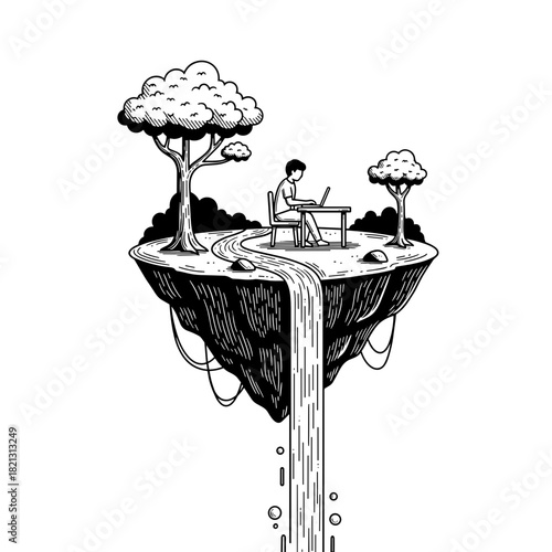 Young man working on laptop from floating island with trees and water  
