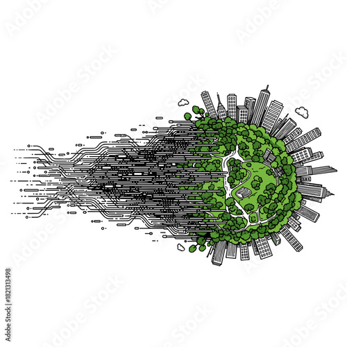 Flowing data stream transforming into flourishing green city