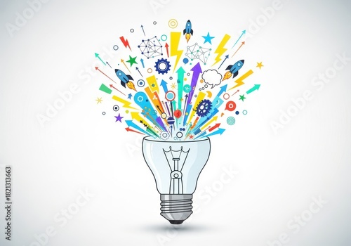Creative idea lightbulb burst with rockets and arrows illustration