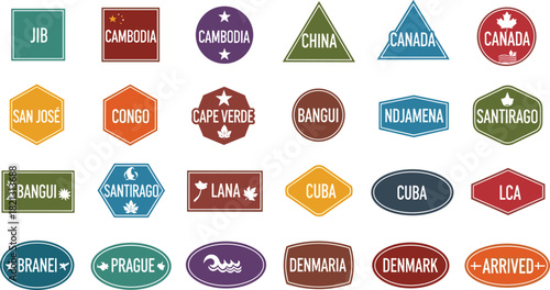 Country label vector set, travel badge icons, global city stamps, colorful destination graphics, flat design, tourism illustration pack