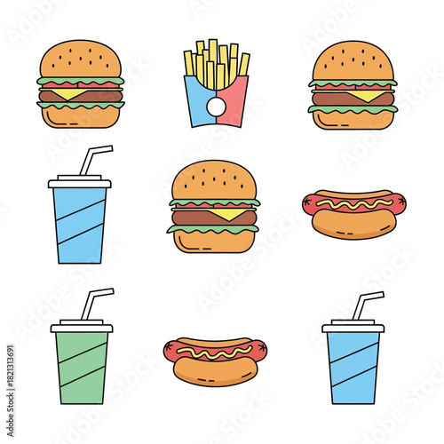 Set of icons representing fast food items like burgers, hot dogs, fries, and drinks in a minimalist, clean style
