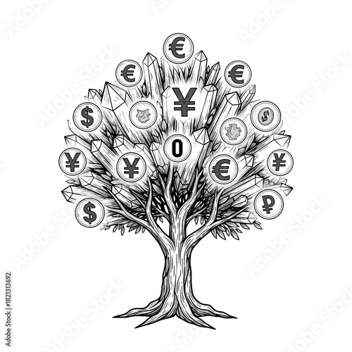 Tree with glowing economy leaves and currency symbols representing wealth  
