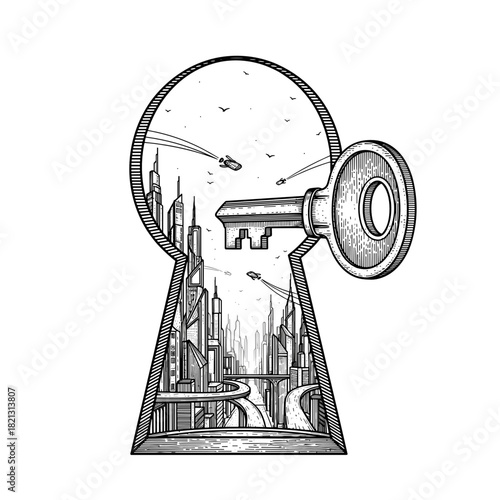 Key unlocking a vibrant futuristic city viewed through a keyhole  