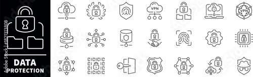 Data protection vector icons. Thin line icons set related to Data protection, privacy and security. Safety, protection, private, privacy, security