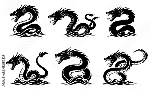 Sea serpent silhouettes. Shapes created with high quality. Mythical ocean creatures rise from waves with dramatic flowing bodies and sharp jaws