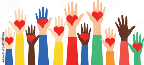 Diverse hands holding hearts, unity illustration, love and support concept, inclusive community graphic, flat vector design, charity symbol