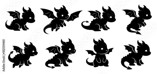 Baby dragon silhouette set. Shapes created with high quality. Cute small dragons appear in playful poses and friendly rounded forms