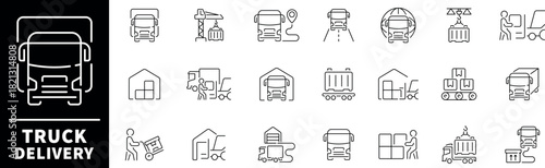 Set of outline icons related to delivery and logistics. Truck delivery linear vector icons. Delivery service, shipping, logistics, transportation, cargo, truck vector Icons set