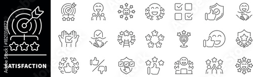 Set of outline icons related to satisfaction and feedback. Customer satisfaction linear vector icons. Review, customer experience, client satisfaction, review, feedback vector Icons set