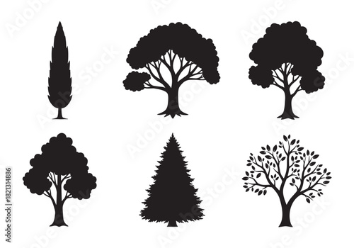 A versatile set of black tree silhouettes, depicting various species and forms, perfect for landscape design, nature-themed graphics, and environmental illustrations