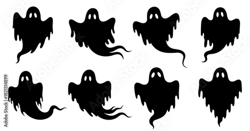 Ghost silhouette set. Shapes created with high quality. Floating spooky spirits appear with soft edges and flowing drifting forms
