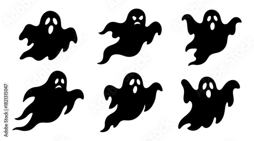 Ghost silhouette set. Shapes created with high quality. Floating spooky spirits appear with emotional expressions and simple rounded shapes