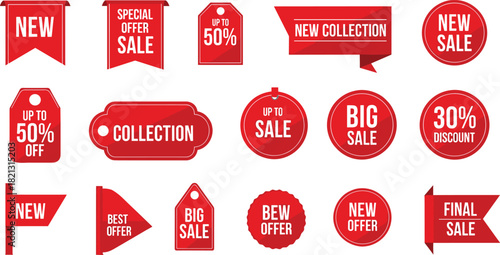 Red sale tag collection, discount label set, promotional offer graphics, retail marketing elements, flat vector design, ecommerce illustration