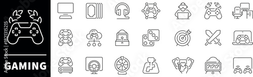 Set of outline icons related to gaming and video games. Gaming linear vector icons. Gaming console, player, multiplayer, casino, video games vector icons