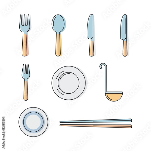 Minimalist tableware set flat vector illustration of dining utensils, kitchenware