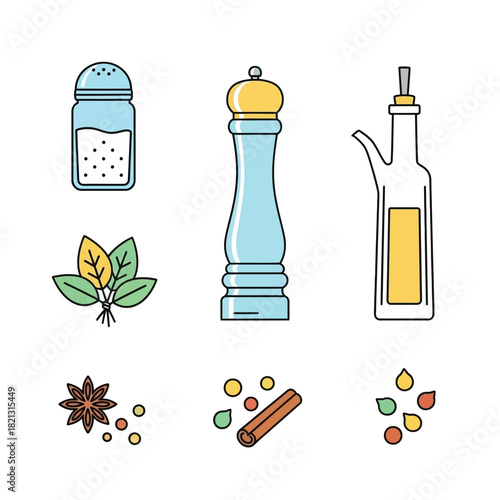 Diverse culinary spices and kitchen condiments vector illustration, featuring essential salt, pepper, cooking oil, fresh herbs, and aromatic seasonings for flavorful meal preparation