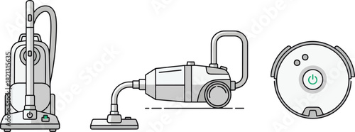 A modern vector illustration set of household cleaning equipment, featuring upright, canister, and robotic vacuum cleaners in a minimalist line art style