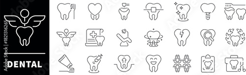 Set of outline icons related to dental and tooth. Dental care linear vector icons. Tooth, dentist, toothpaste, toothbrush, teeth, caries, dentistry vector icons
