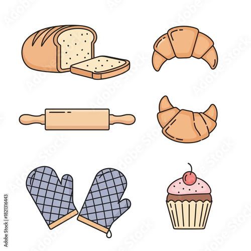 An appealing collection of freshly baked goods and essential kitchen tools, perfect for culinary projects, menu designs, food blogs, and home cooking enthusiasts