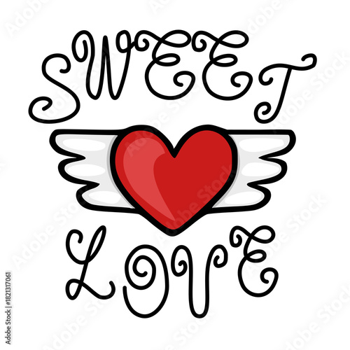 Charming vector illustration of a red heart with stylized white wings, framed by decorative script text "SWEET LOVE" in black.