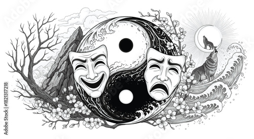 Monochrome illustration Yin Yang, comedy, tragedy masks. Nature elements - blossoms, mountains, waves, wolf - symbolize life's balance and duality