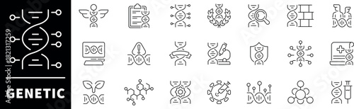 Genetics icon set. Thin line icons set related to genetics and biotechnology. Biotech, DNA, genomes