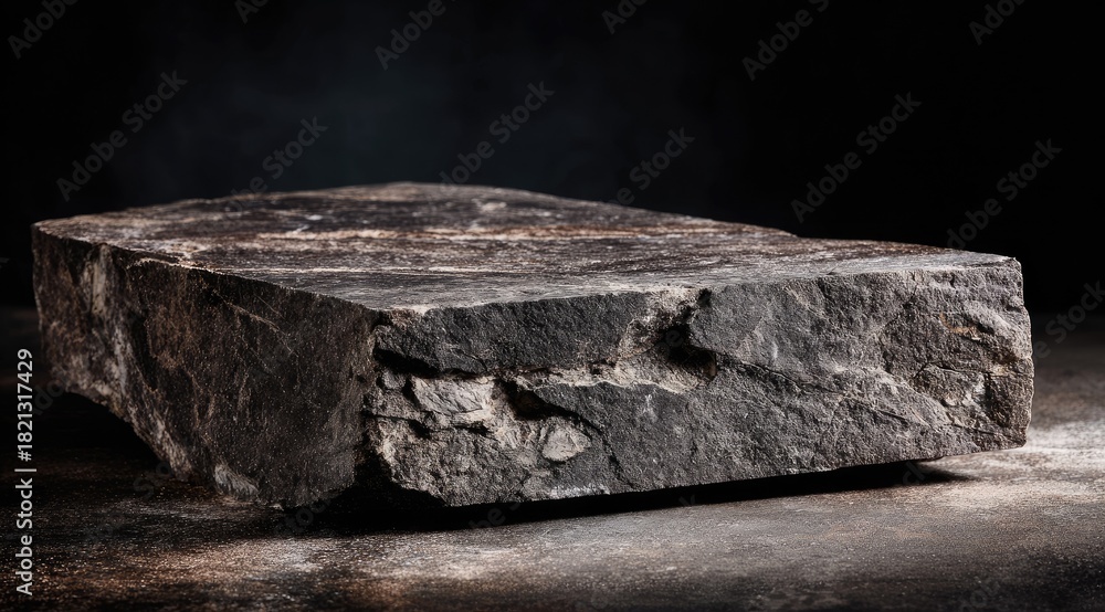 Fototapeta premium A dark textured rock slab, tilted slightly, against a blurred gradient backdrop