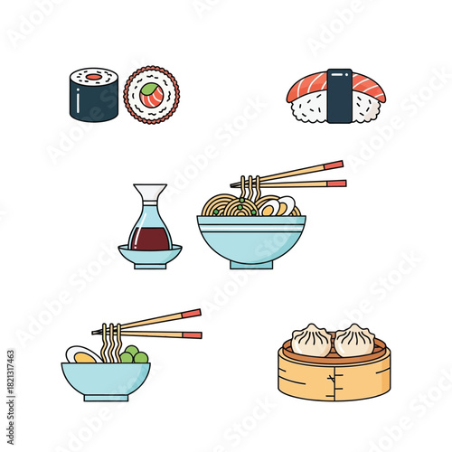 Delicious Asian Cuisine Sushi, Ramen, Dumplings, and More - A Colorful Icon Set for Food Lovers