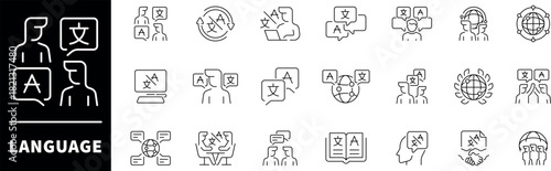Language icon set. Thin line icons set related to language and foreign languages. Communication, translate, speaking, text, language skills, foreign languages