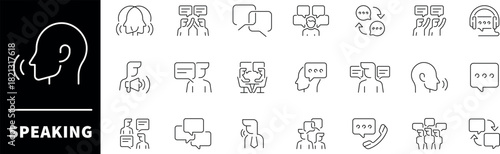 Speaking icon set. Thin line icons set related to speak and talk. Communication related icons. Speech, talk, discussion, speech bubble, dialog vecor icons