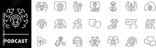 Podcast icon set. Thin line icons set related to podcast and interview. Podcast web icons in line style. Podcast microphone, webcast, broadcast icons