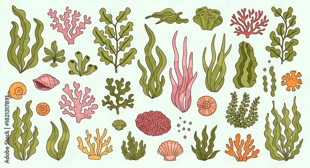 Fototapeta premium Doodle style illustration featuring diverse marine flora and fauna elements, perfect for background