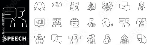 Speech icon set. Thin line icons set related to speech and talking. Communication related icons. Speech, talk, discussion, speech bubble, dialog vecor icons