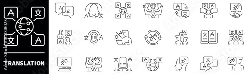 Translate icon set. Thin line icons set related to translation and translator. Translation web icons in line style. Collection of translation related outline icons
