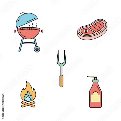 Barbecue icons for grilling and outdoor cooking, featuring steak, fire, and utensils