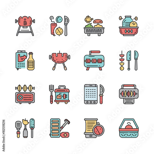 Vibrant collection of colorful line icons for barbecue, grilling essentials, outdoor cooking equipment, and picnic food preparation tools, perfect for culinary designs