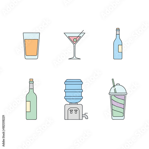 Colorful Drink Icon Set Glasses, Bottles, and a Water Cooler