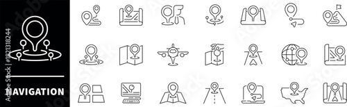 Navigation icon set. Thin line icons set related to navigation and location. Navigation web icons in line style. Collection of navigation related outline icons