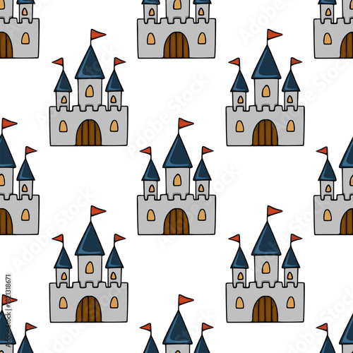 Seamless vector pattern featuring charming castles with grey stone walls, dark blue conical roofs adorned with red flags, and arched doorways, creating a whimsical and playful background.