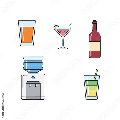 Refreshing beverage and water cooler vector illustrations, featuring diverse drinks from fruit juice to cocktails and wine, in a clean line art style