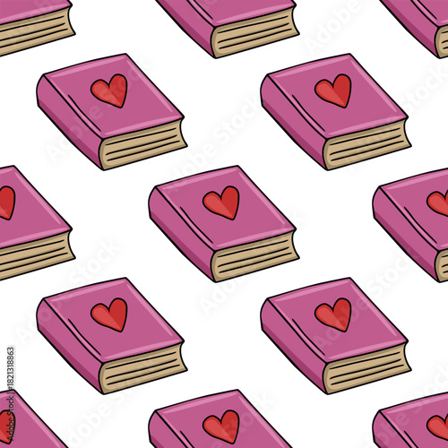 Seamless vector pattern of charming pink books with red heart emblems, perfect for romantic or educational themes.