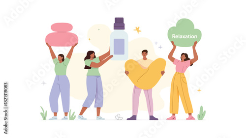 A vibrant vector illustration featuring a diverse group of four stylized figures with one individual prominently holding a bright pink object presented in a clean and modern design aesthetic