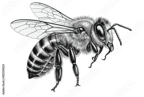 Detailed close-up illustration of a honey bee in flight, showcasing its intricate anatomy and delicate wings against a white background